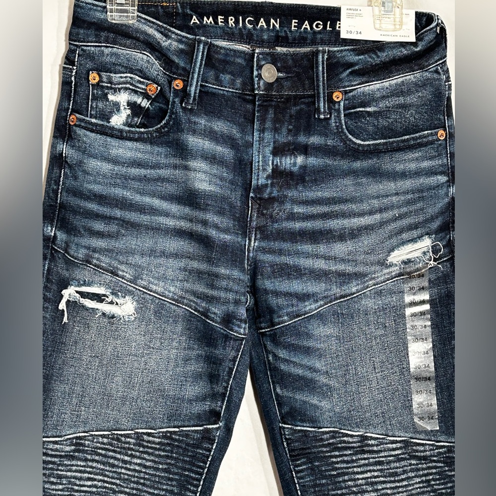 NEW MENS 30 X 38 AMERICAN EAGLE BLUE AIRFLEX+ DARKEN DESTROY SKINNY DENIM JEANS - Picture 3 of 9